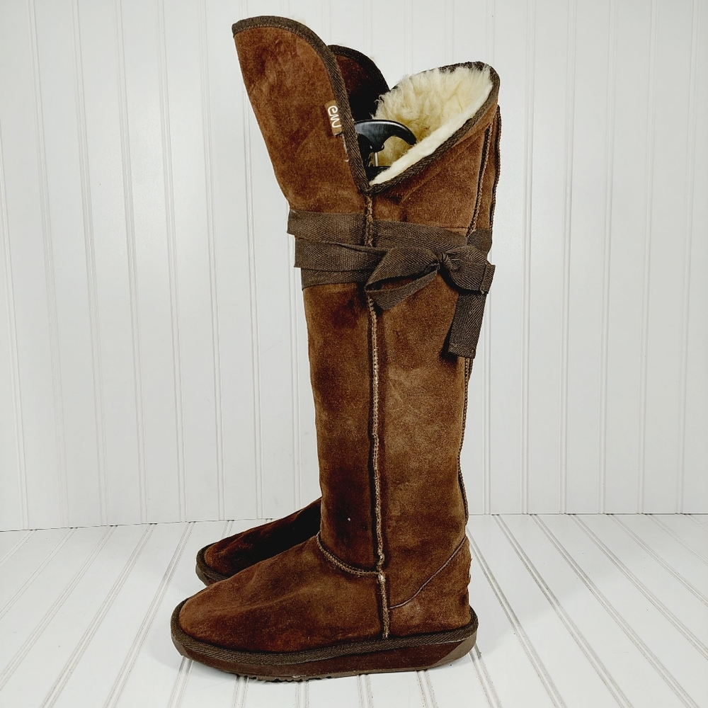 Emu Brown Suede Leather Fur Wool Lining Over The Knee Boots E994